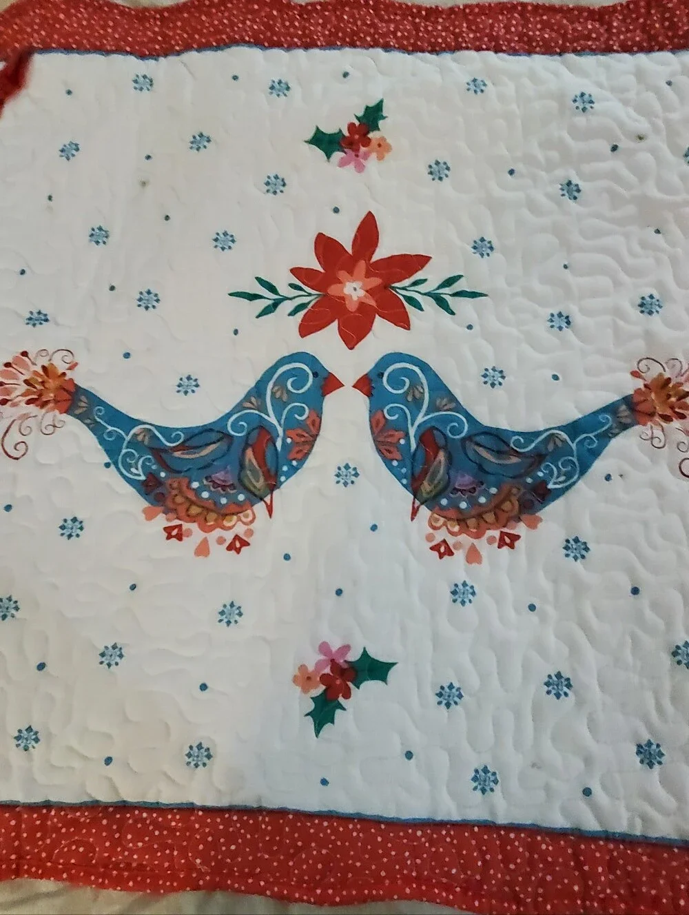 Festive Pioneer Woman Blue Bird Quilted Bedding Shams with Red Trim